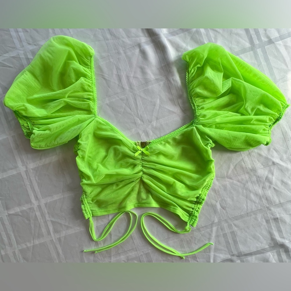For Love & Lemons Sheer Mesh Puff Sleeve Crop Zipper Back Ties Bright Neon Lime - Picture 3 of 9